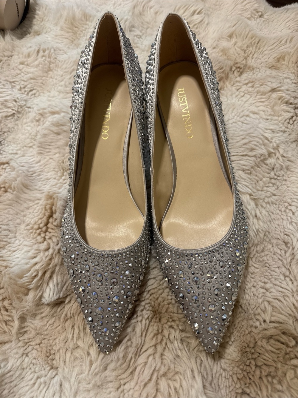 Justvindo Womens Size 8.5 silver Satin Rhinestone 2.5" Heel Closed Point Toe